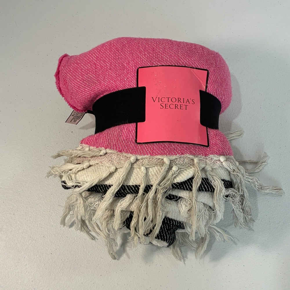 Victoria's Secret Beach Blanket Throw Pink Black Striped Fringe Boho